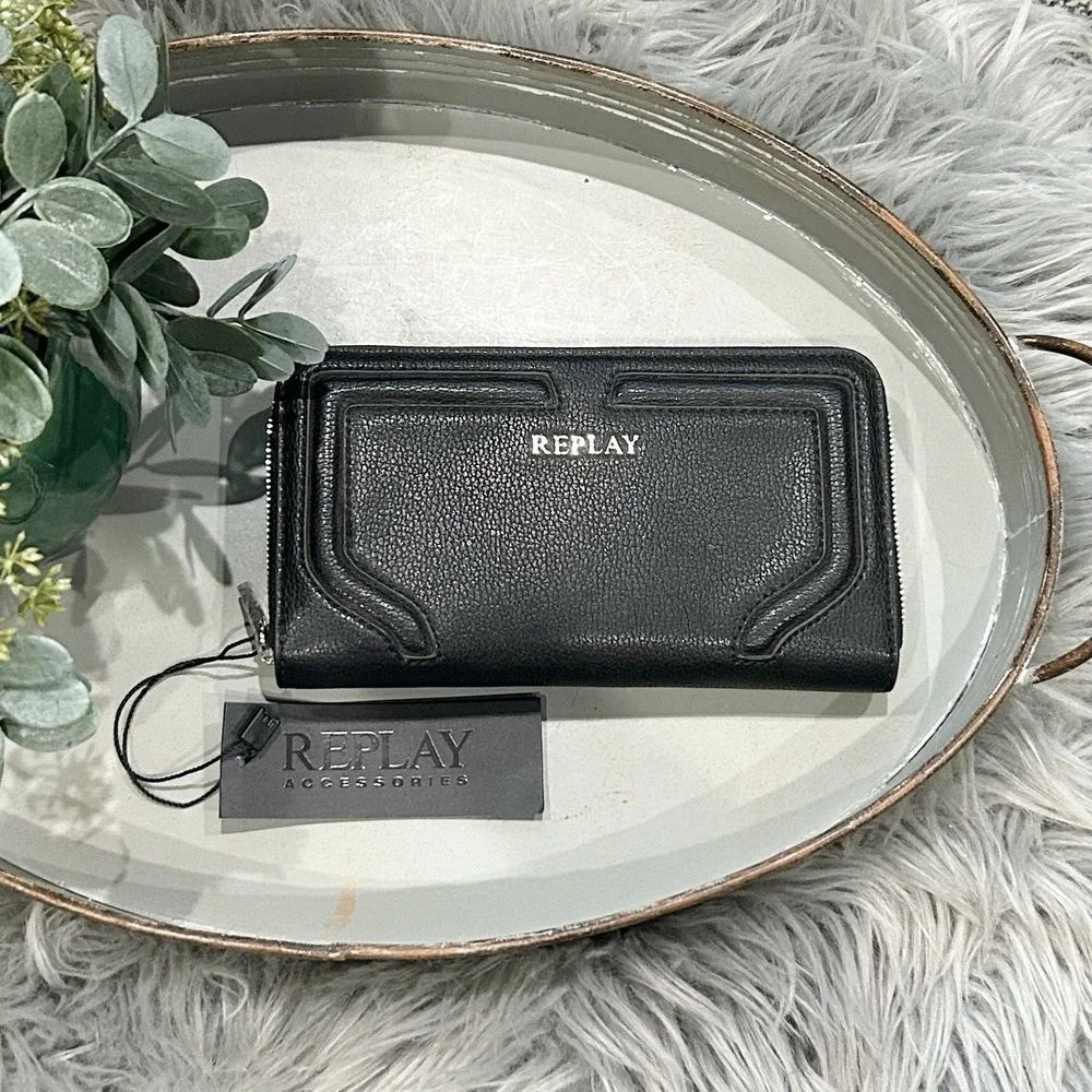 REPLAY Accessories Wallet Black Zip Around Clutch Purse New‎